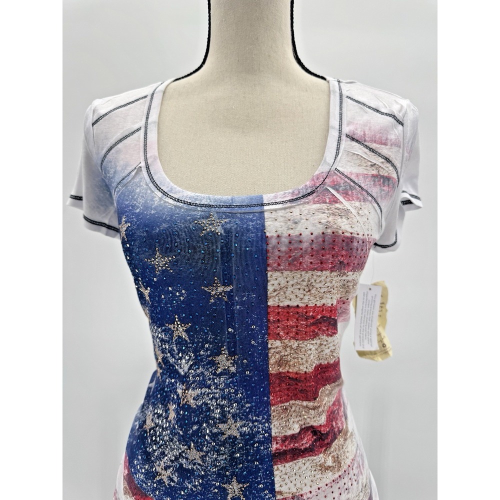 Y2K American Flag Top Medium Deadstock Shirt Rhinestone Red White Blue Bling